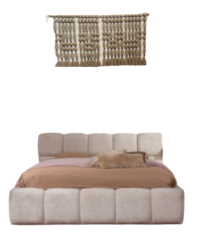 Master suite moodboard — blush channel-tufted bed with macramé wall hanging