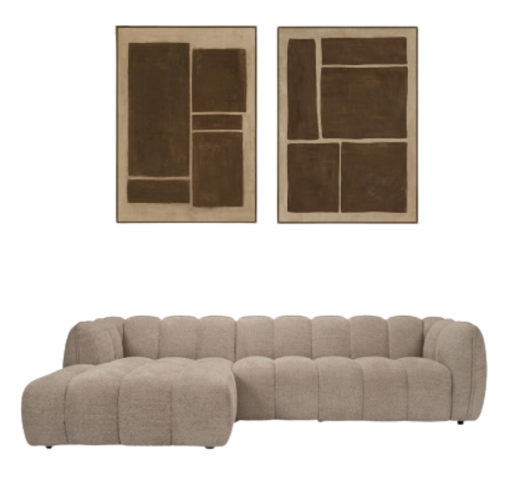 Patio Inglés moodboard — modular sofa with earth-tone abstract art